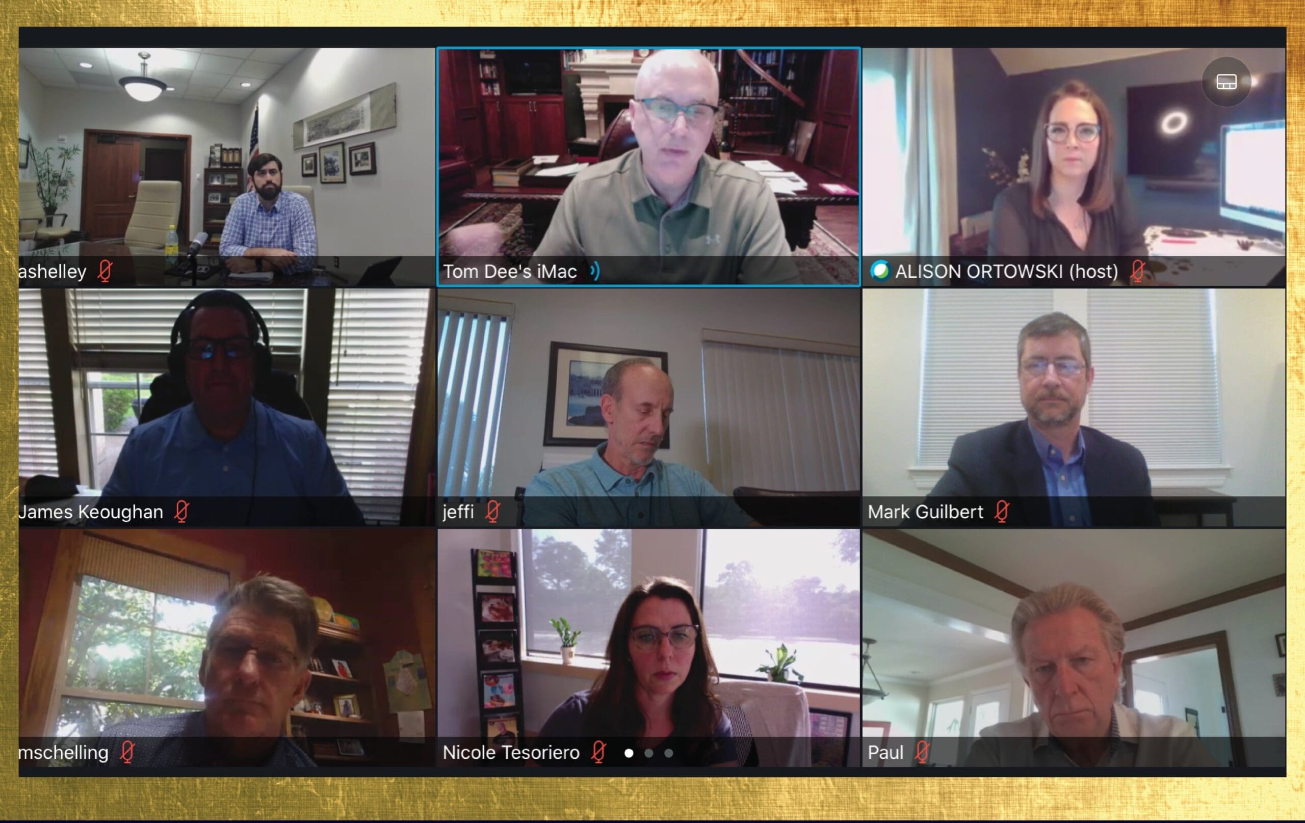 A virtual meeting with nine participants displayed in a grid. Each person is in a separate location, sitting in front of computers. Some have blurred or well-lit backgrounds. Various participants have their microphones muted.