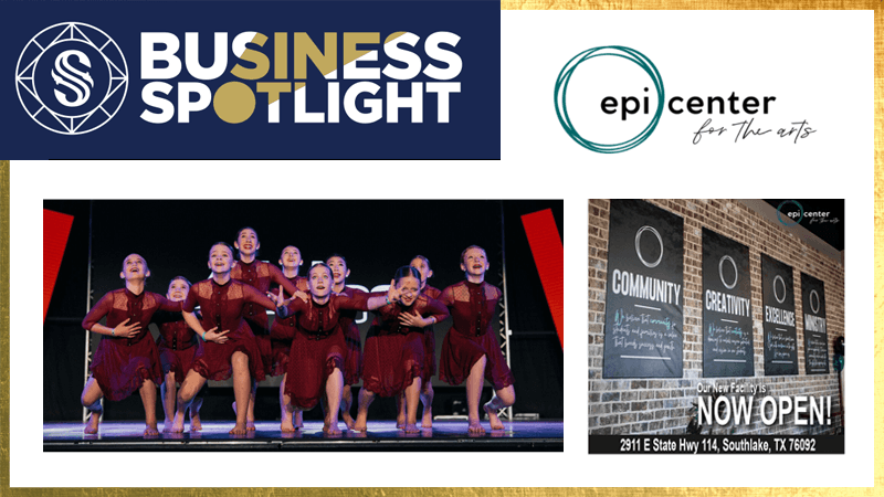 Image features a Business Spotlight panel for "epi center for the arts." Includes a photo of dancers in maroon costumes performing and an exterior shot of the building with signage reading "Community," "Creativity," and "Culture.
