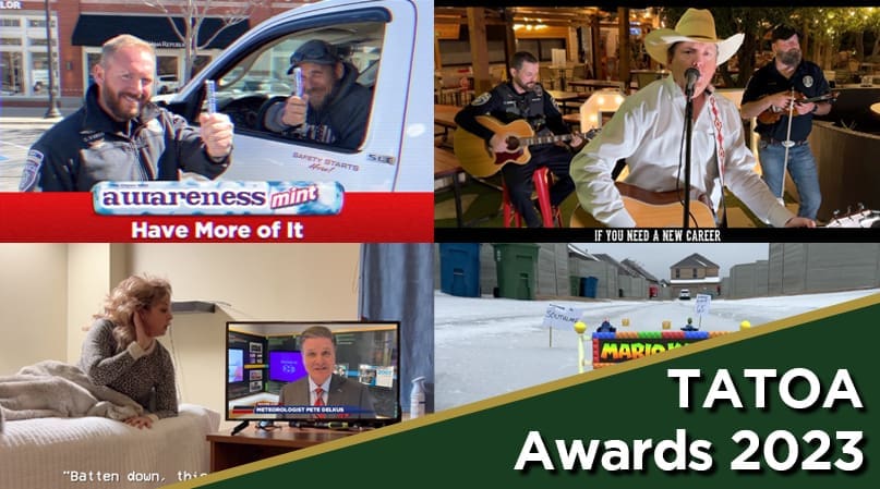 Collage of four images featuring different scenes: a man in a vehicle holding a mint, a live music performance, a person watching TV in a cozy room, and a snowy outdoor view with colorful blocks. Text reads "TATOA Awards 2023.