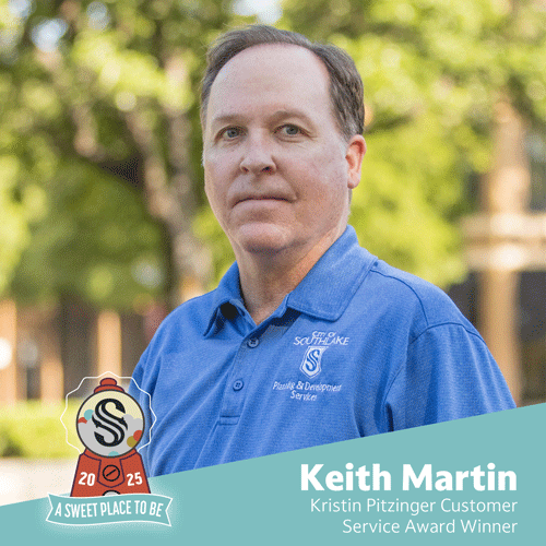 A man in a blue polo shirt stands outdoors, looking at the camera. Text reads: "Keith Martin, Kristin Pitzinger Customer Service Award Winner." A badge says "A Sweet Place to Be 2025." Trees are blurred in the background.