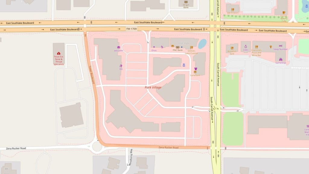 Map view of Park Village shopping area in Southlake, Texas, showing building layouts, parking lots, roads, and surrounding streets including East Southlake Boulevard and Kimball Avenue. Key locations and shop names are labeled.