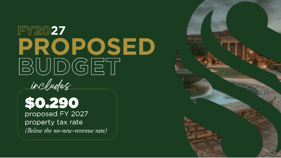FY2027 proposed budget graphic with $0.290 proposed property tax rate, stated as below the no-new-revenue rate. Background shows a fountain and building.